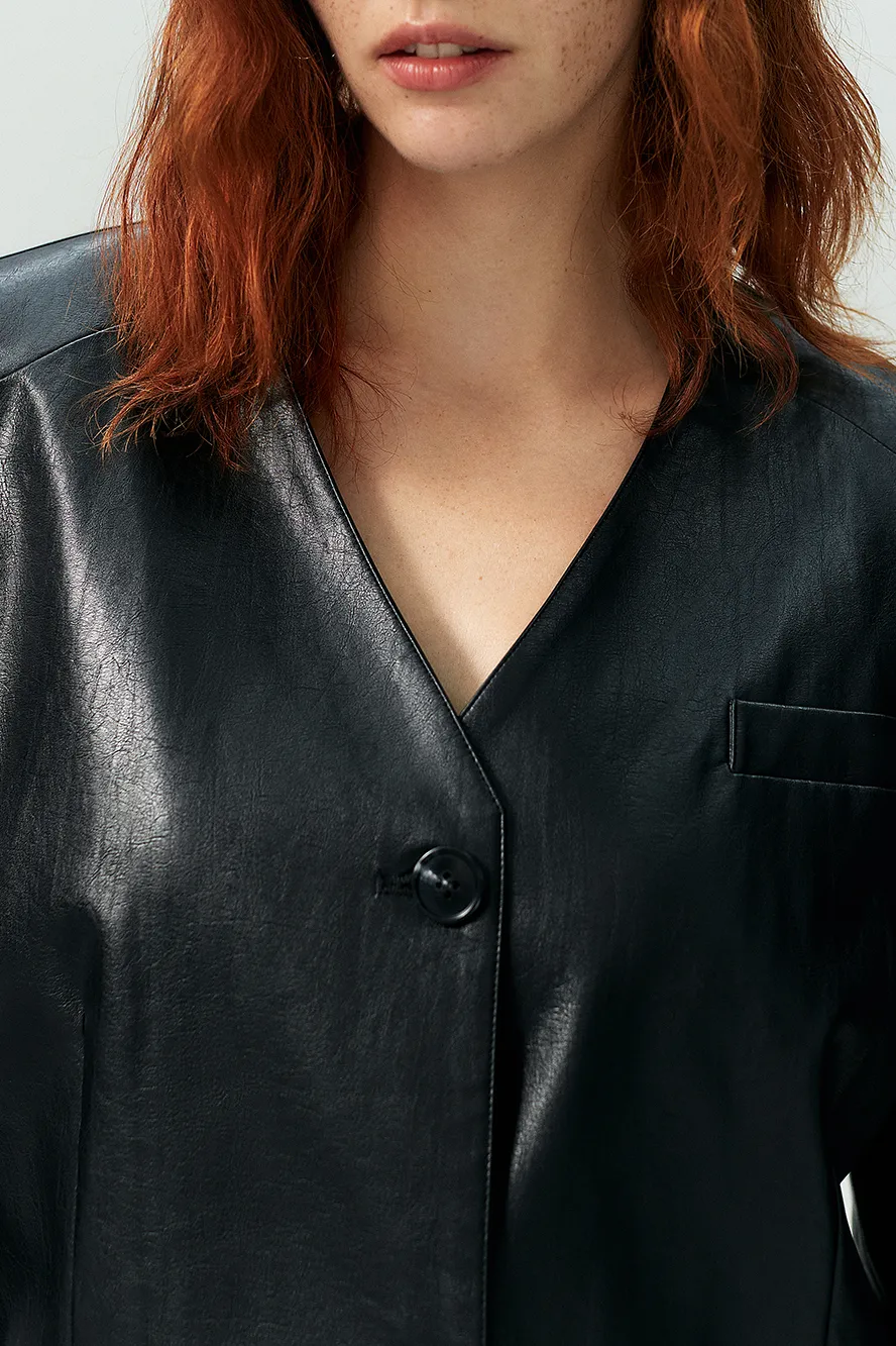 Vintage Cropped Black Faux Leather Blazer