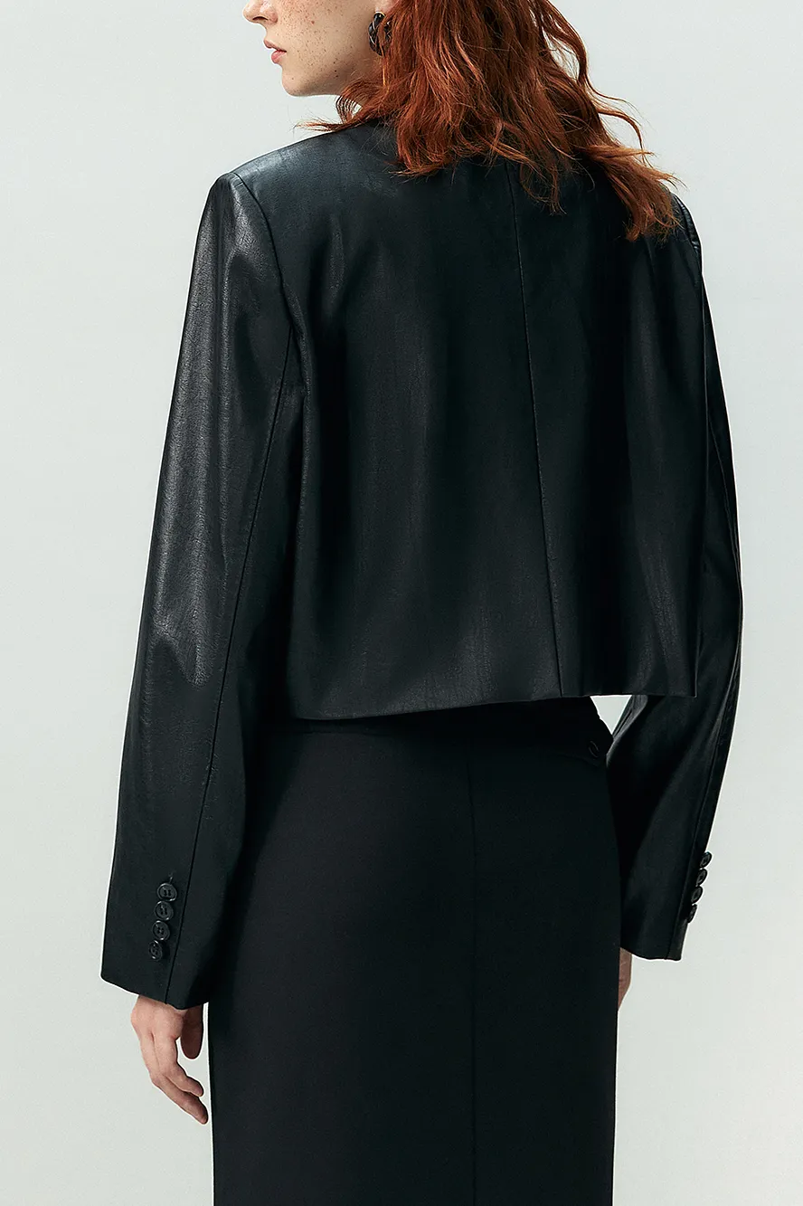 Vintage Cropped Black Faux Leather Blazer
