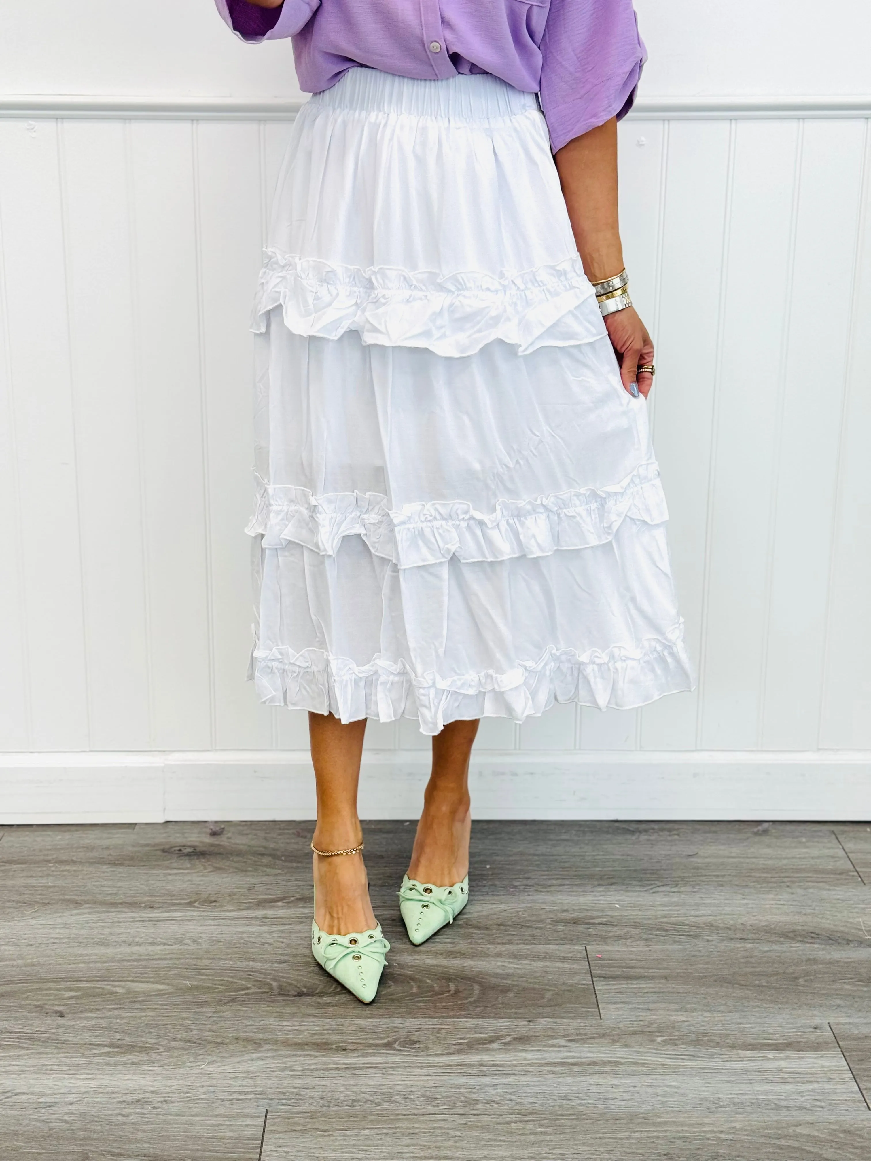 White Ruffle Layered Midi Skirt (Reg & Plus)