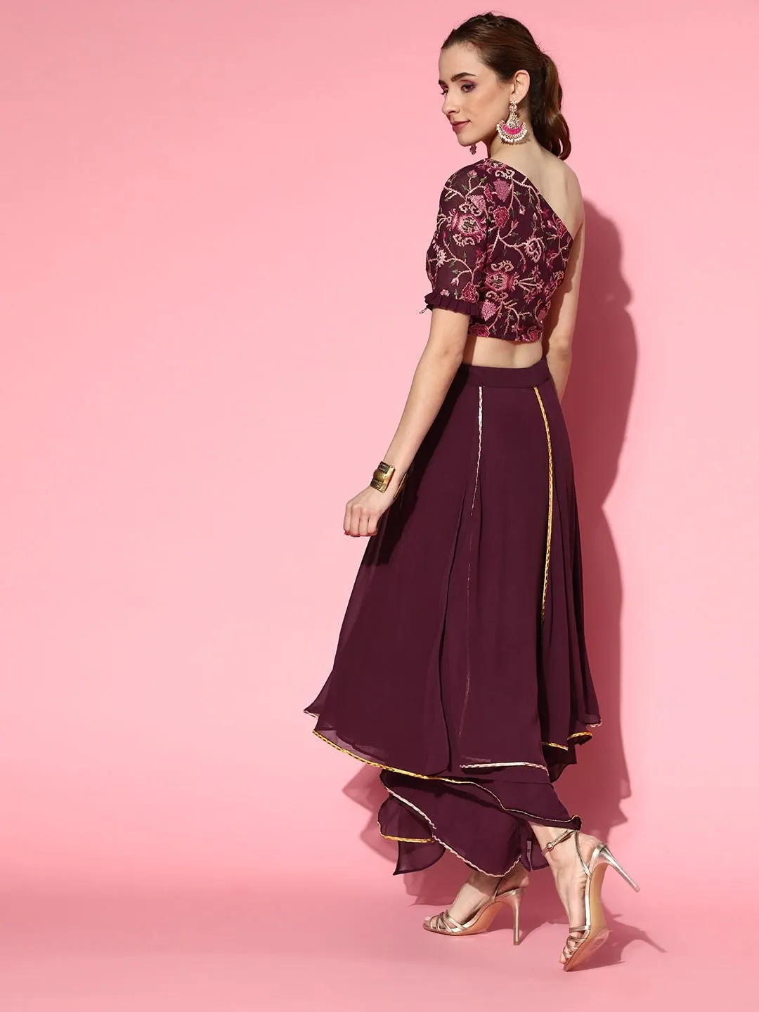 Wine Embroidered Crop Top with Layered Skirt