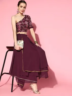 Wine Embroidered Crop Top with Layered Skirt