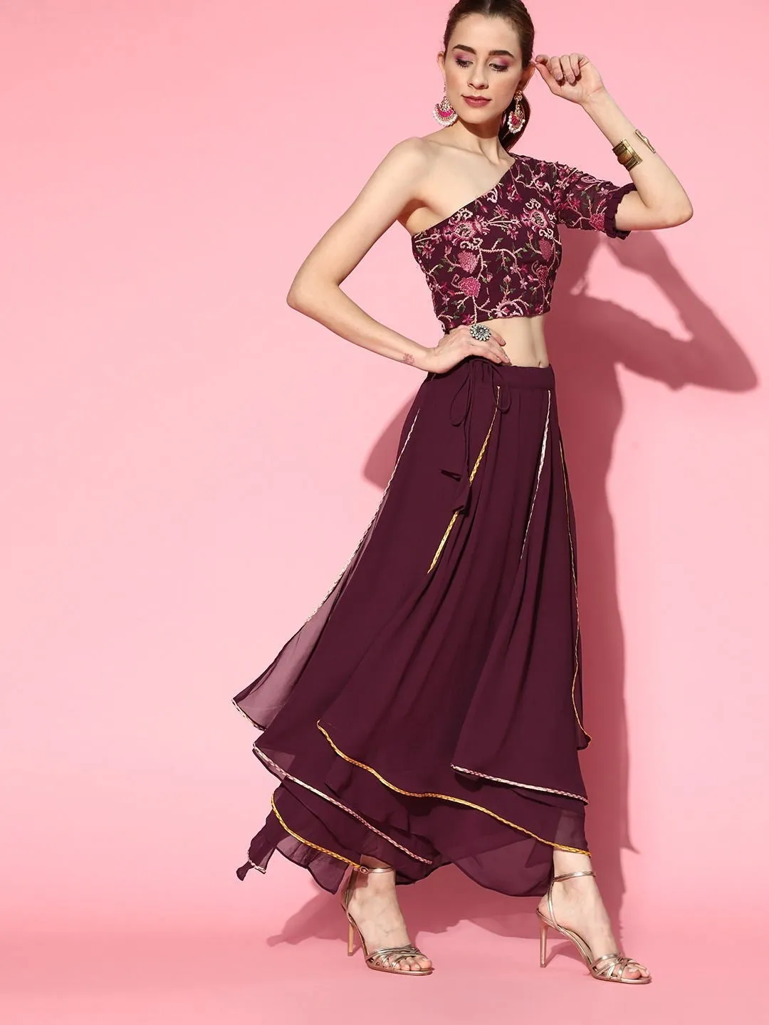 Wine Embroidered Crop Top with Layered Skirt