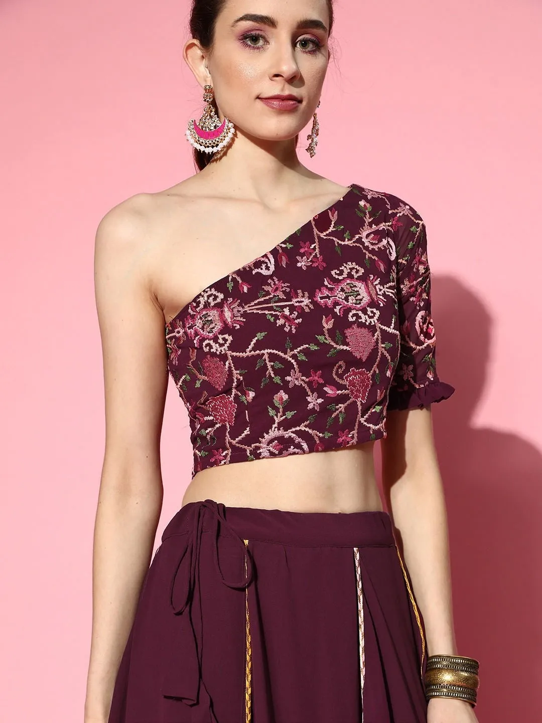 Wine Embroidered Crop Top with Layered Skirt