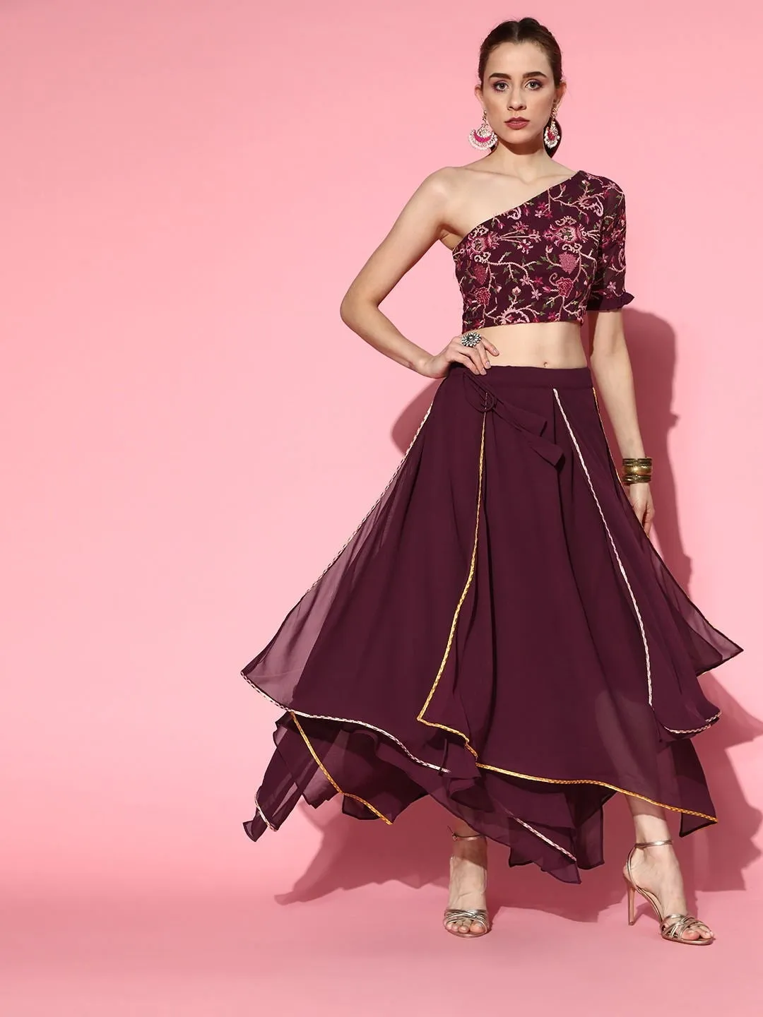 Wine Embroidered Crop Top with Layered Skirt