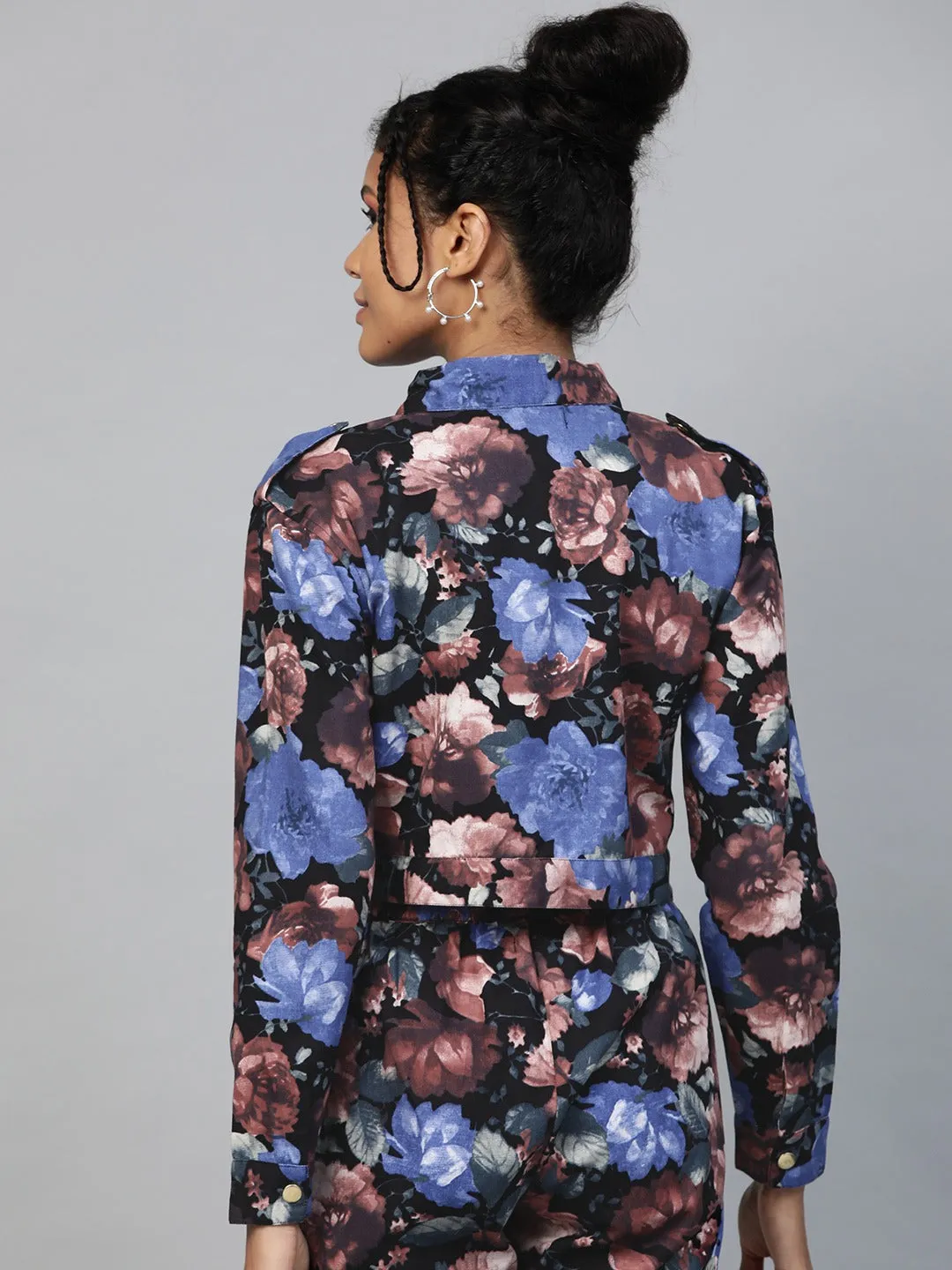 Women Blue Floral Crop Twill Jacket