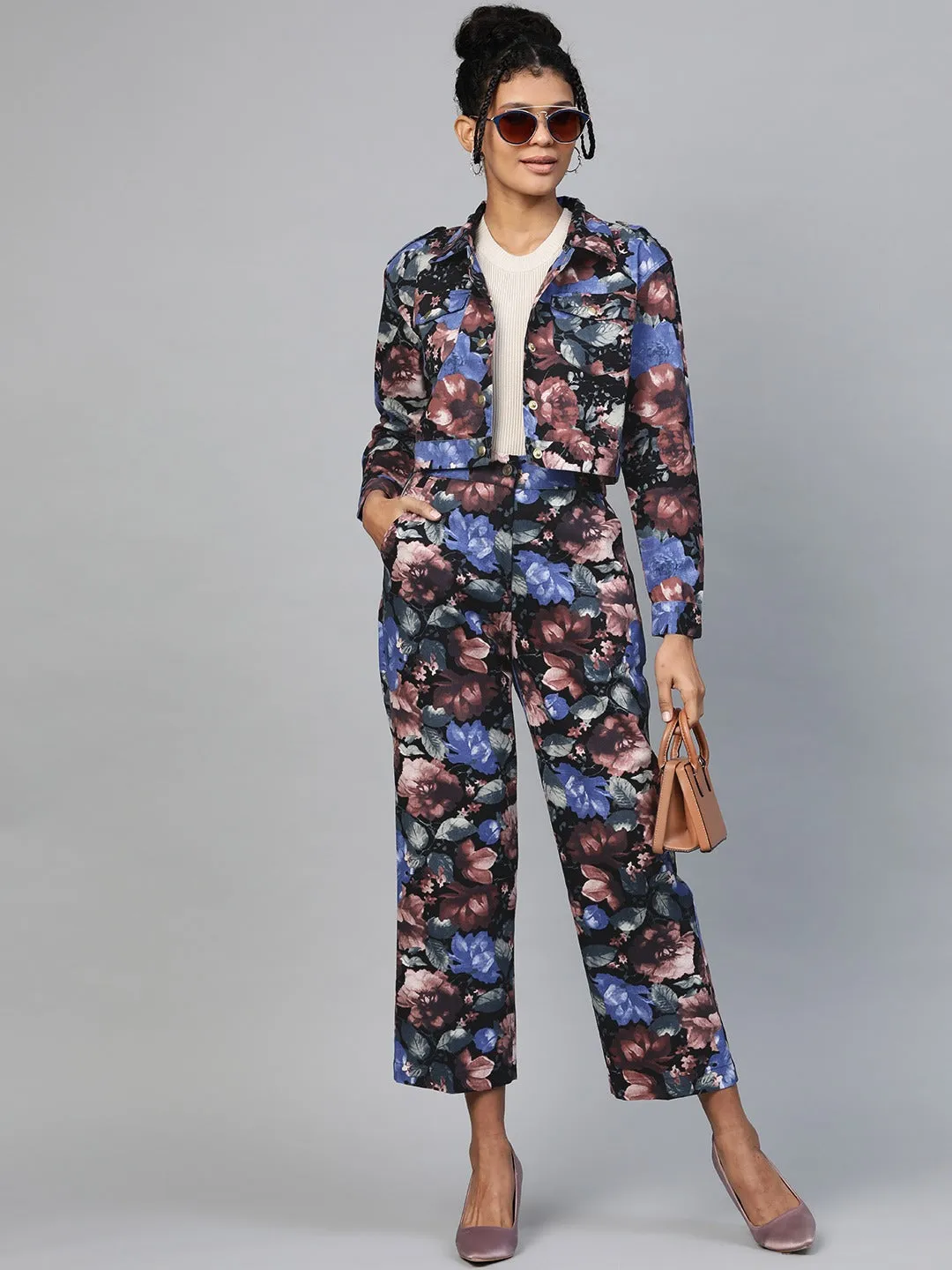 Women Blue Floral Crop Twill Jacket