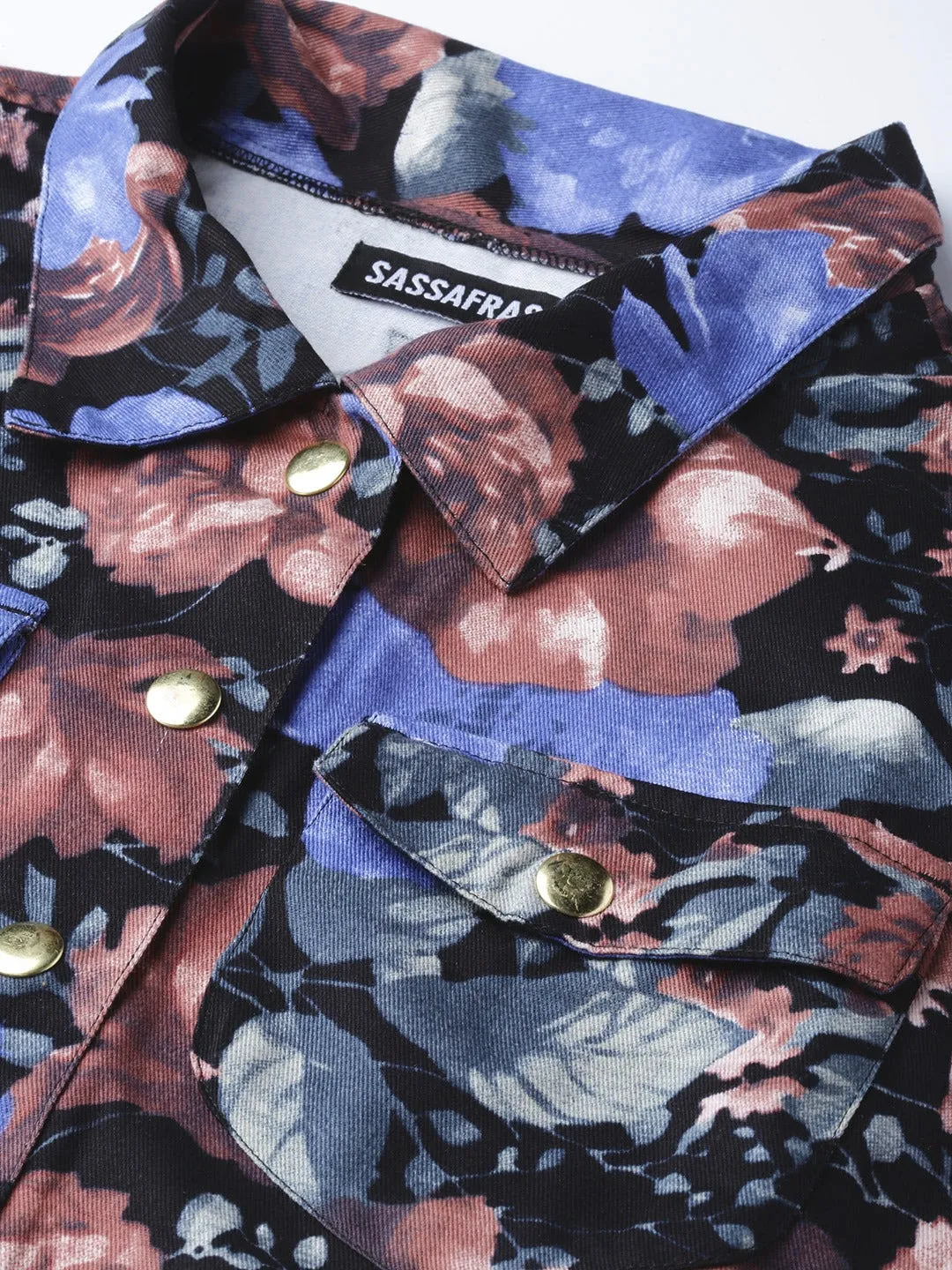 Women Blue Floral Crop Twill Jacket