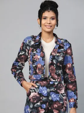 Women Blue Floral Crop Twill Jacket