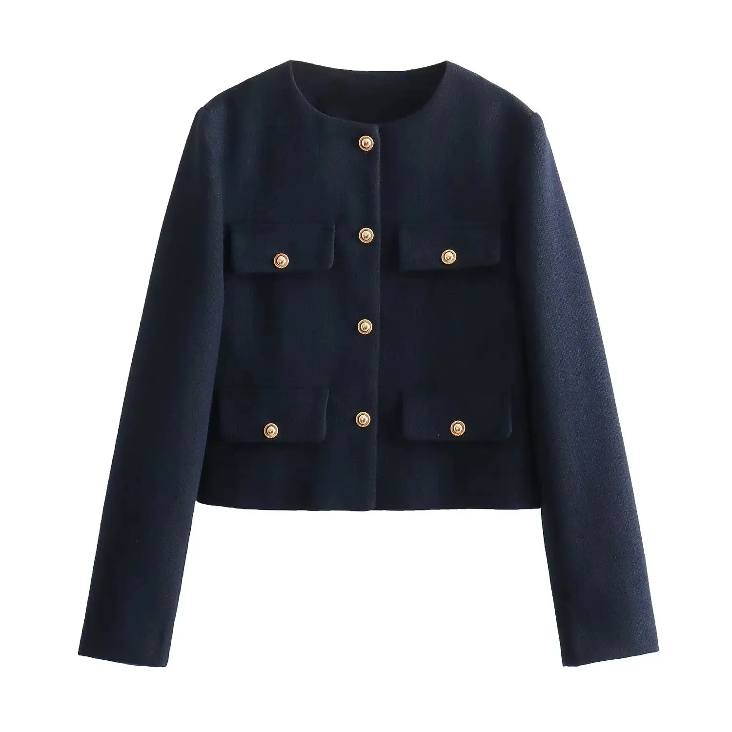 Women's O-Neck Long Sleeved Flip Pocket Cropped Coat