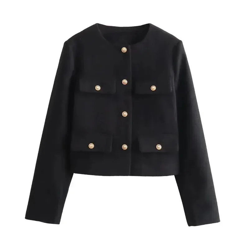 Women's O-Neck Long Sleeved Flip Pocket Cropped Coat