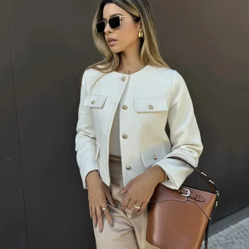 Women's O-Neck Long Sleeved Flip Pocket Cropped Coat