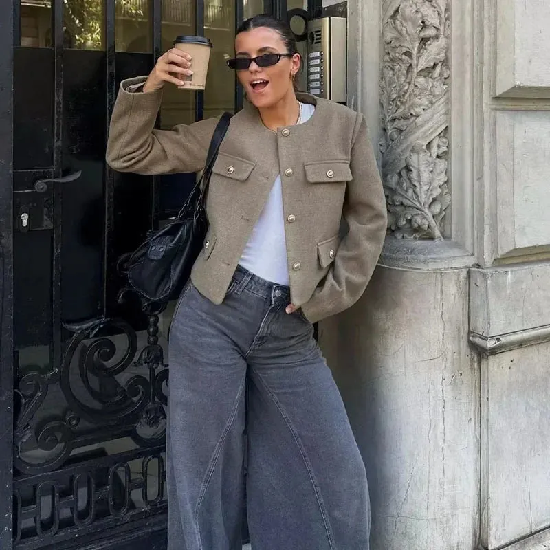 Women's O-Neck Long Sleeved Flip Pocket Cropped Coat