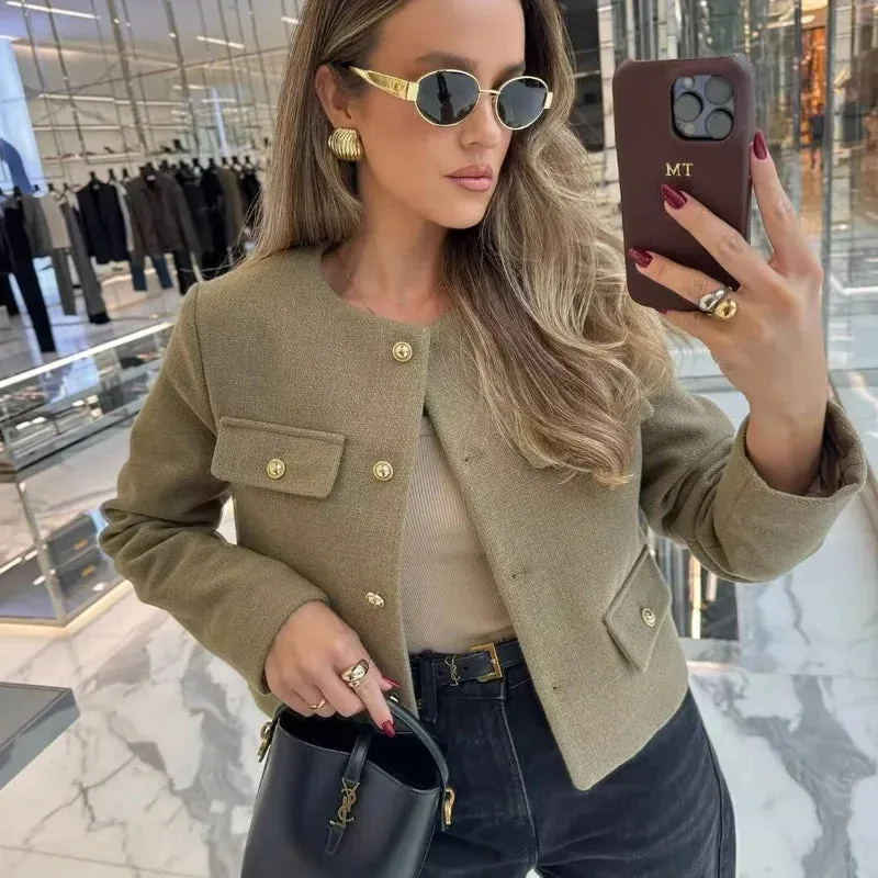 Women's O-Neck Long Sleeved Flip Pocket Cropped Coat