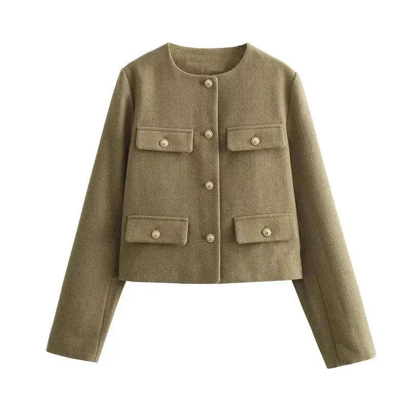 Women's O-Neck Long Sleeved Flip Pocket Cropped Coat