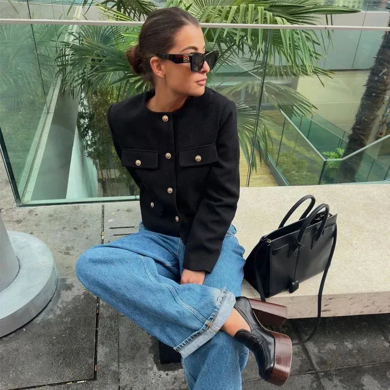 Women's O-Neck Long Sleeved Flip Pocket Cropped Coat