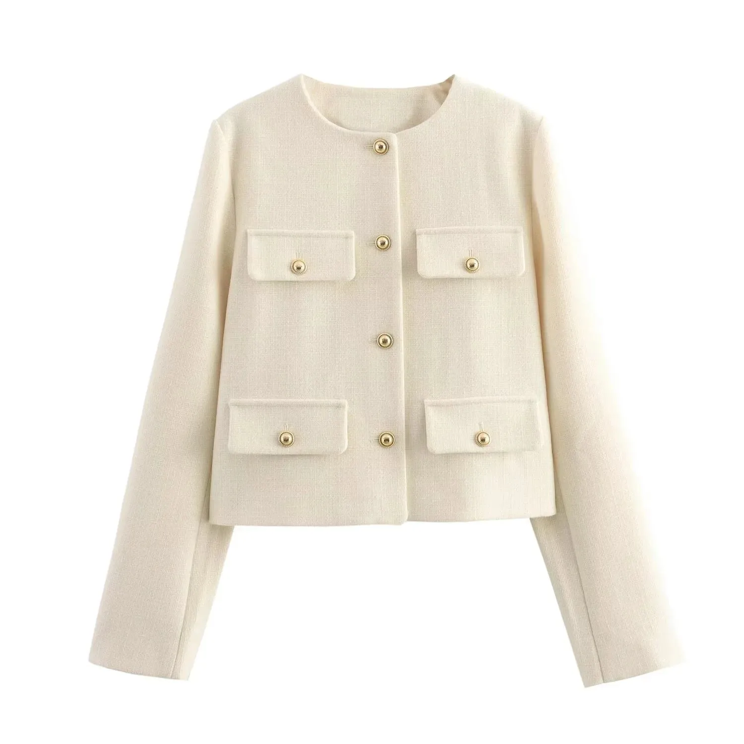 Women's O-Neck Long Sleeved Flip Pocket Cropped Coat