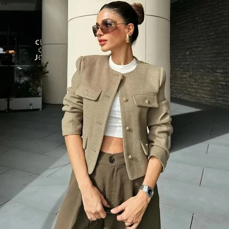 Women's O-Neck Long Sleeved Flip Pocket Cropped Coat