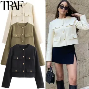 Women's O-Neck Long Sleeved Flip Pocket Cropped Coat